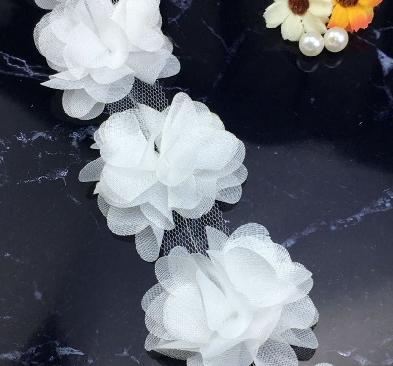 YYCRAFT 4.5 Yards 2.5" 3D Chiffon Flower Lace Trims Bridal Bouquets Cluster Flower DIY Sewing(White) - Image 2